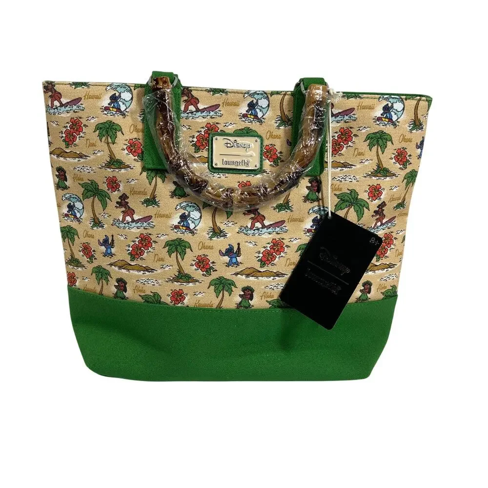 LOUNGEFLY Disney Lilo Stitch Canvas Tote Bag Aloha Map Bamboo Handle Green NWT